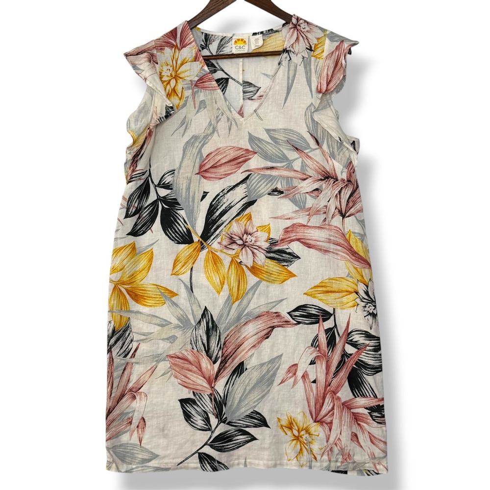 C&C California 100% Linen Shift Dress M Cream Tropical Floral Flutter Cap Sleeve
